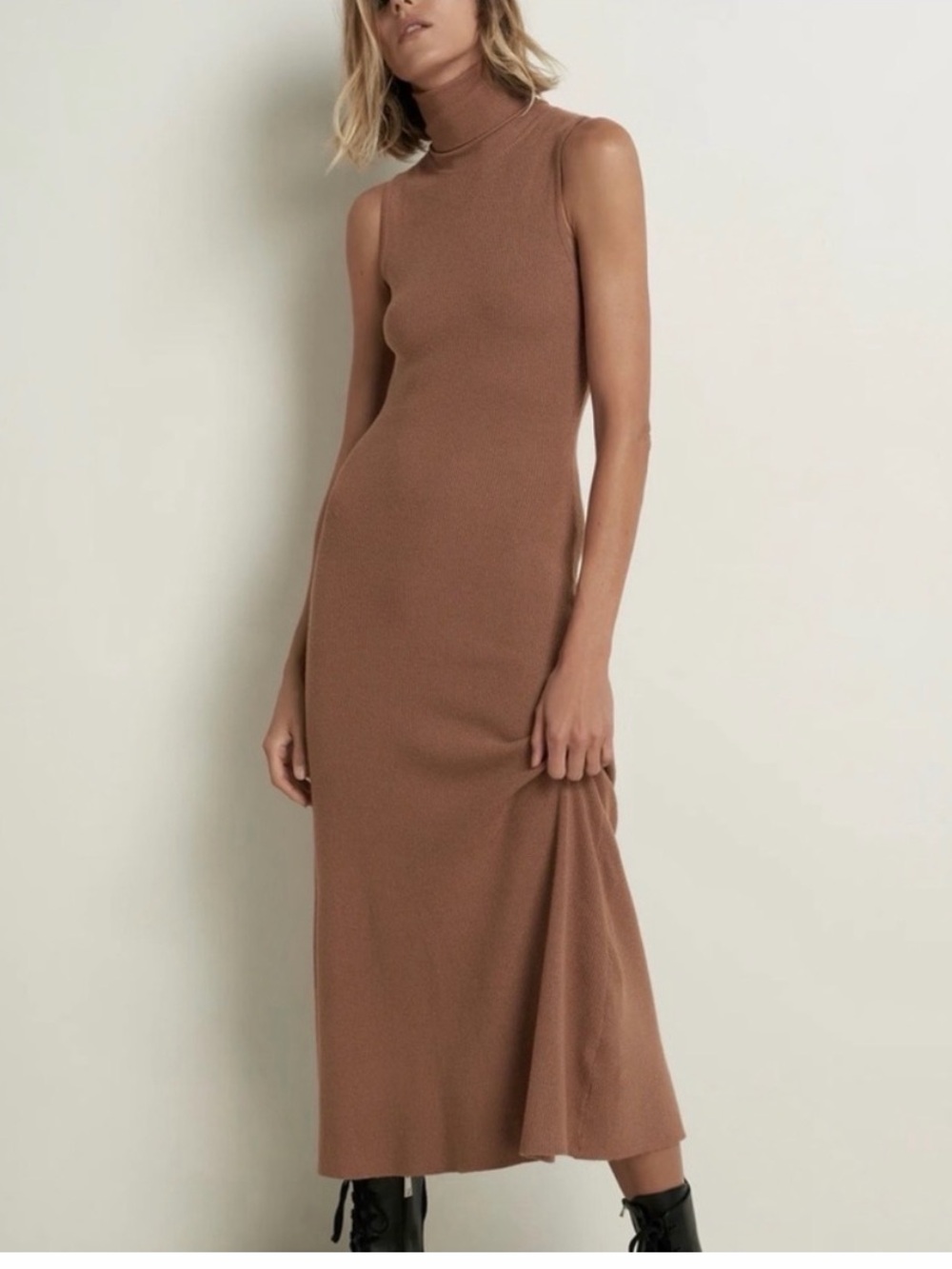 NWT Zara large ribbed Sleeveless Turtleneck Maxi Dress in Cocoa